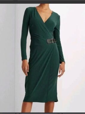 Lauren Ralph Lauren Buckled Faux-Wrap Jersey Dress 8